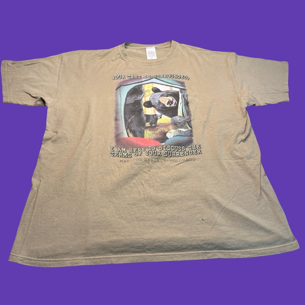 Manitou Springs Colorado Bear T Shirt XL Camping Tent Funny Graphic Brown Y2K